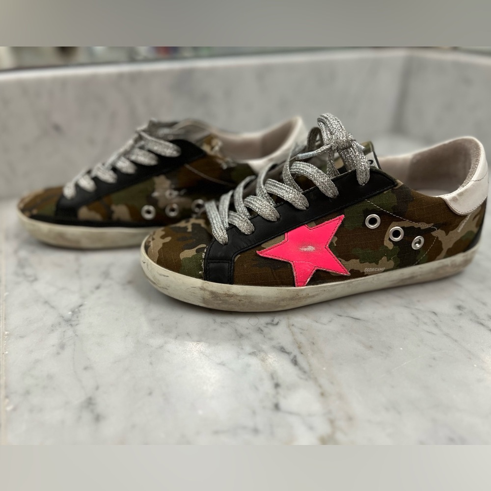 Golden goose size 37 camo and pink stars tennis shoes EUC